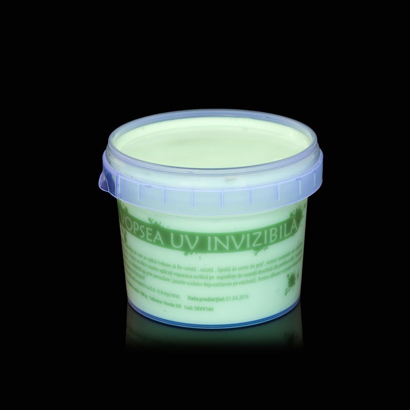Vopsea invizibila fluorescenta reactiva uv, transparenta verde recipient 100 g