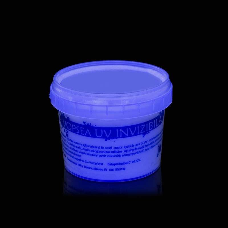 Vopsea invizibila fluorescenta reactiva uv, transparenta albastra recipient 100 g