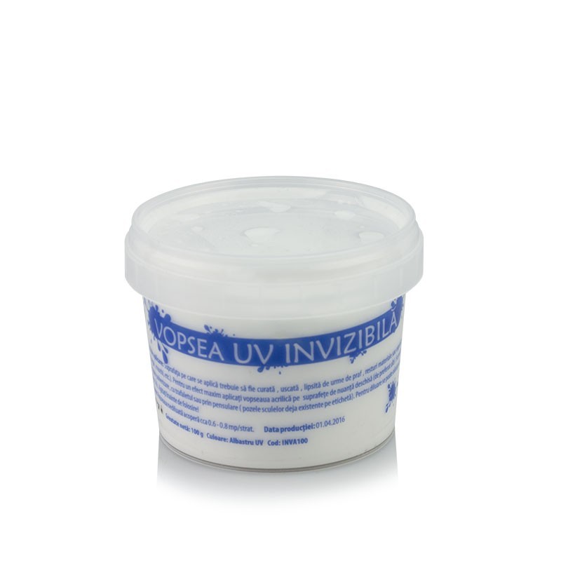 Vopsea invizibila fluorescenta reactiva uv, transparenta albastra recipient 100 g