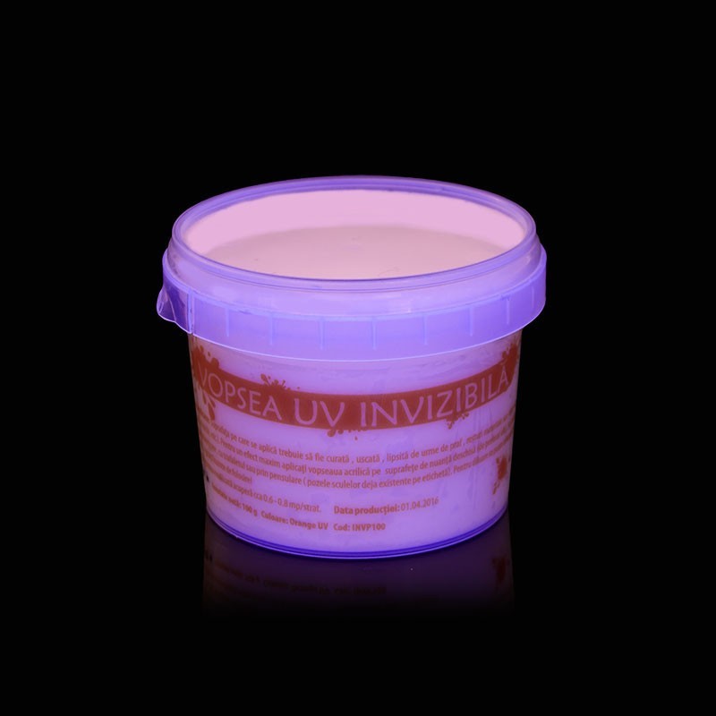 Vopsea invizibila fluorescenta reactiva uv, transparenta portocalie recipient 100 g
