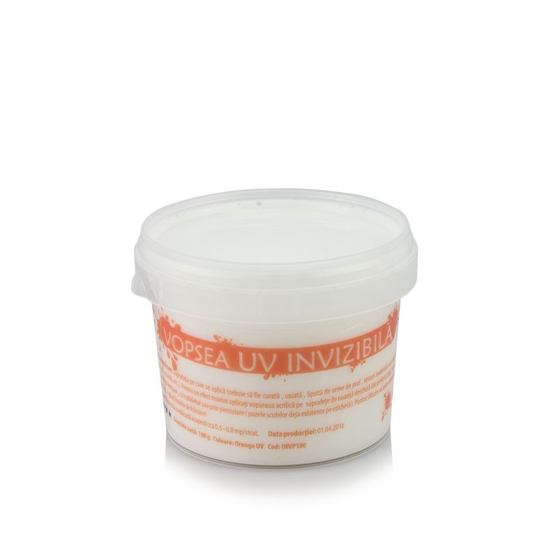 Vopsea invizibila fluorescenta reactiva uv, transparenta portocalie recipient 100 g
