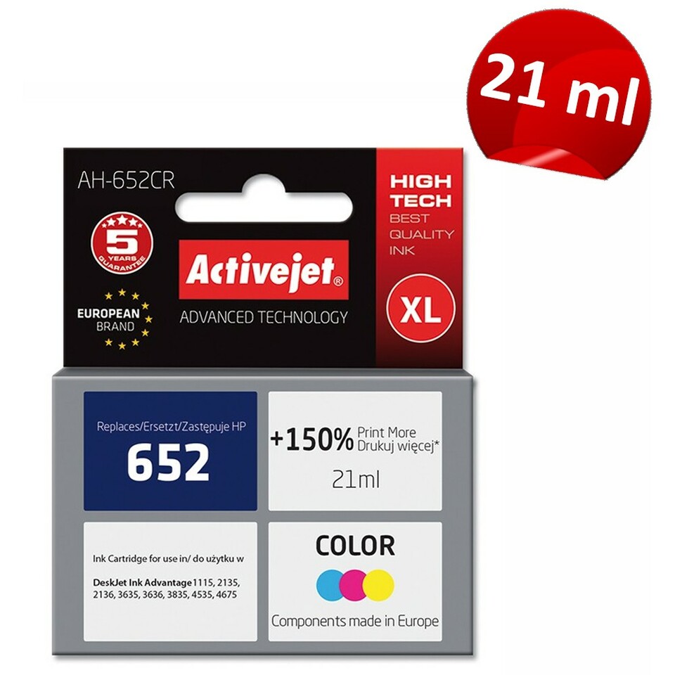 Cartus compatibil hp 652 xl color pentru hp, 21 ml, premium activejet, garantie 5 ani
