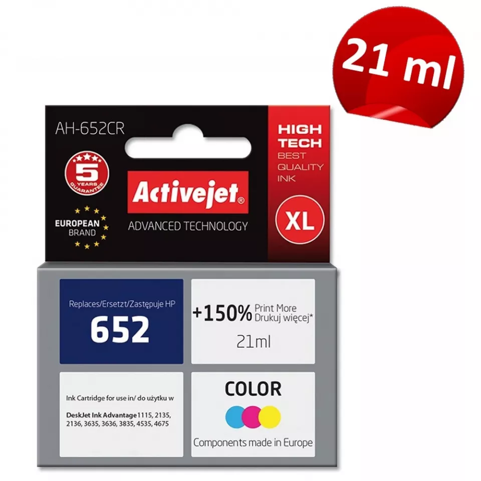 Cartus compatibil hp 652 xl color pentru hp, 21 ml, premium activejet, garantie 5 ani