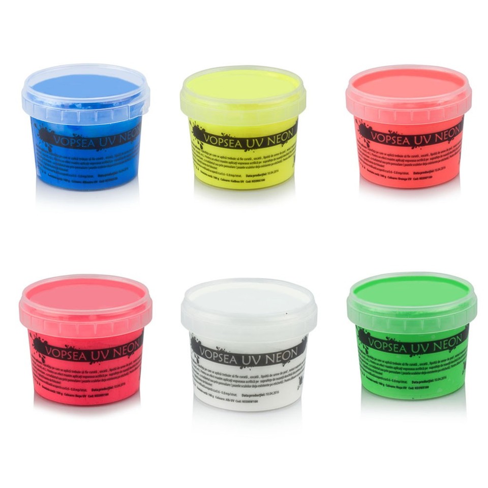Vopsea uv neon colorata, set 6 nuante recipient 750 g