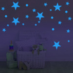 Set 75 stickere fosforescente glow albastre, forme stelute si buline, autoadezive, 1- 4 cm