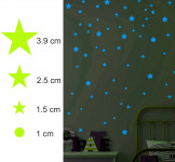 Set 75 stickere fosforescente glow albastre, forme stelute si buline, autoadezive, 1- 4 cm