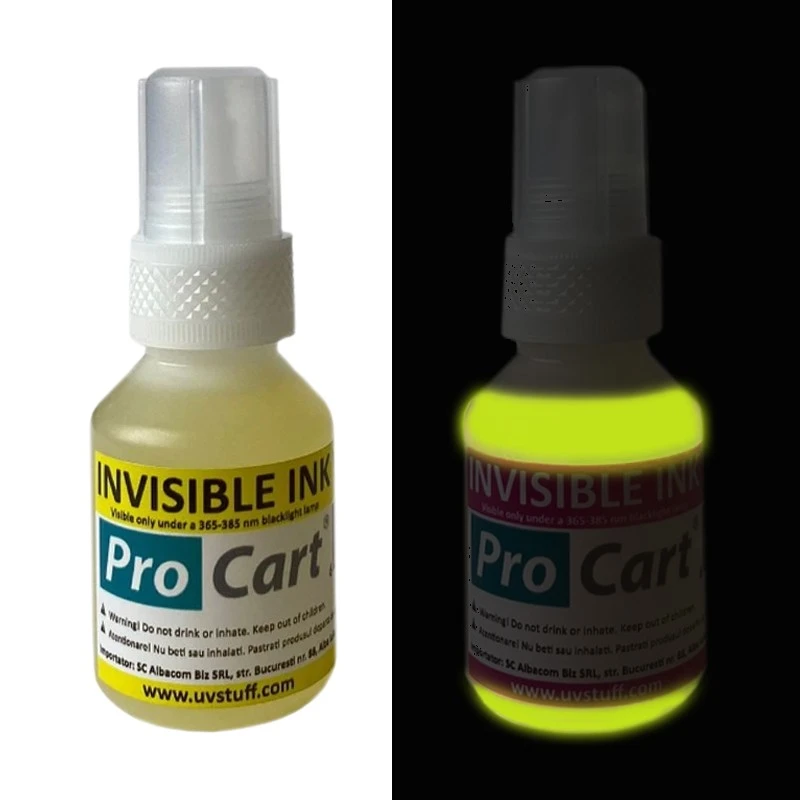 Cerneala uv invizibila yellow pentru securizare si marcaje, universala, flacon 50 ml