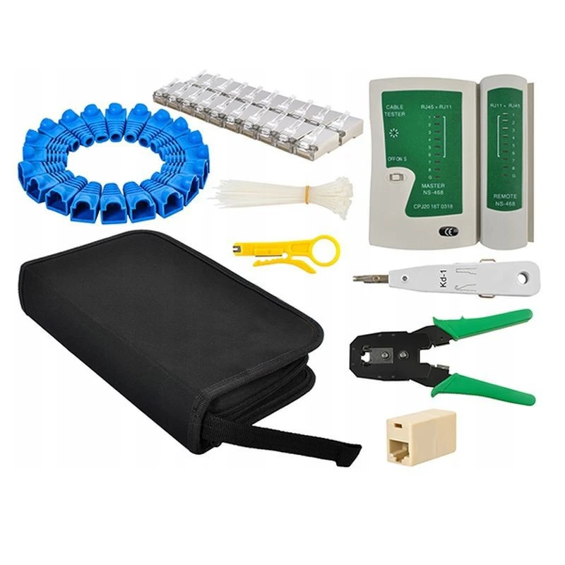 Kit instrumente de retea lan, mufe, cleste, tester cabluri, instrument sertizare, mapa depozitare