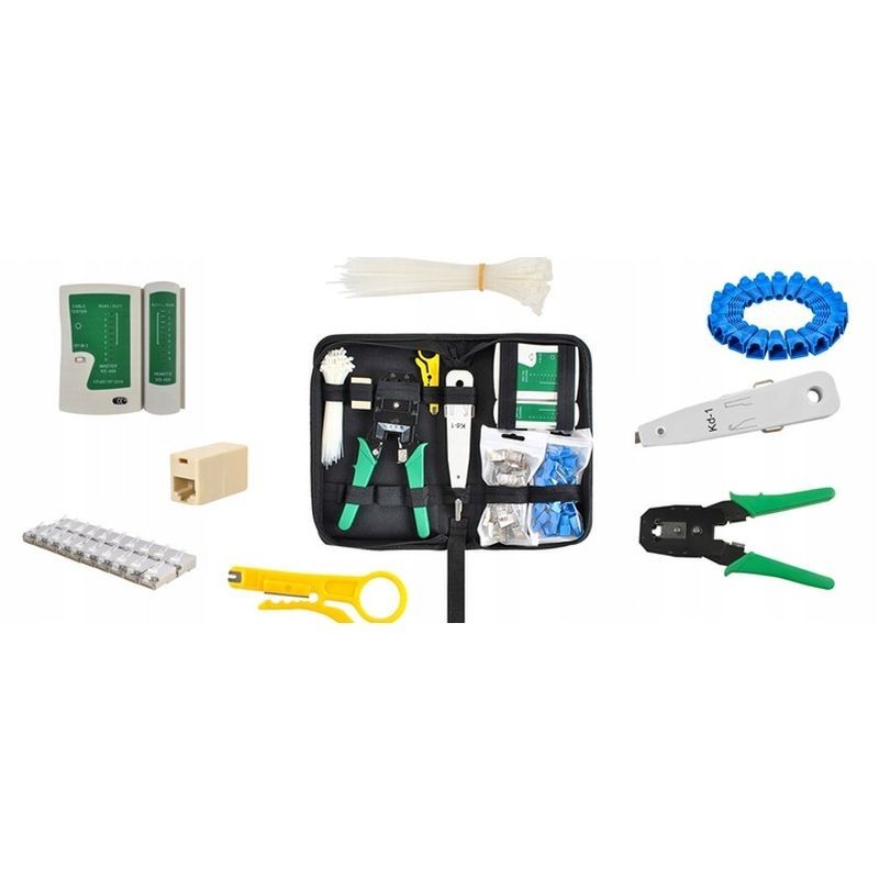 Kit instrumente de retea lan, mufe, cleste, tester cabluri, instrument sertizare, mapa depozitare