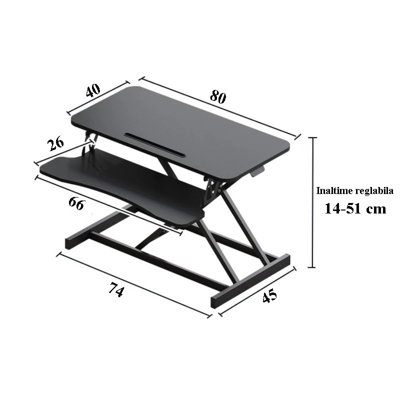 Masa ajustabila de birou sit-stand, lucru in picioare sau sezut, inaltime reglabila 14-51 cm, suport smartphone, cadru forma x