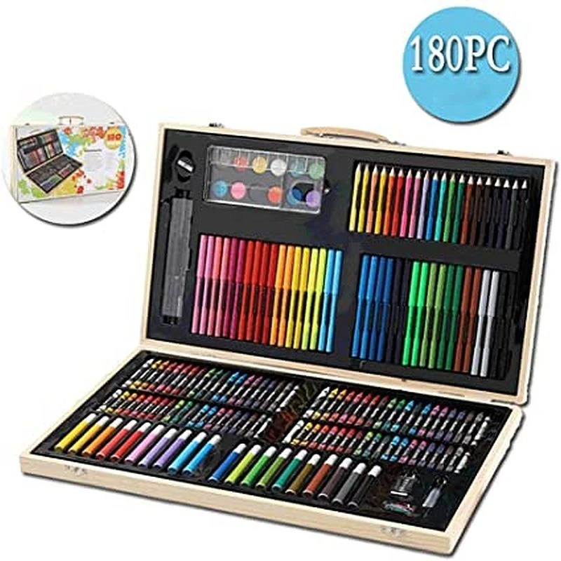 Trusa pentru pictura si desen, 180 accesorii, portabila, cutie depozitare lemn