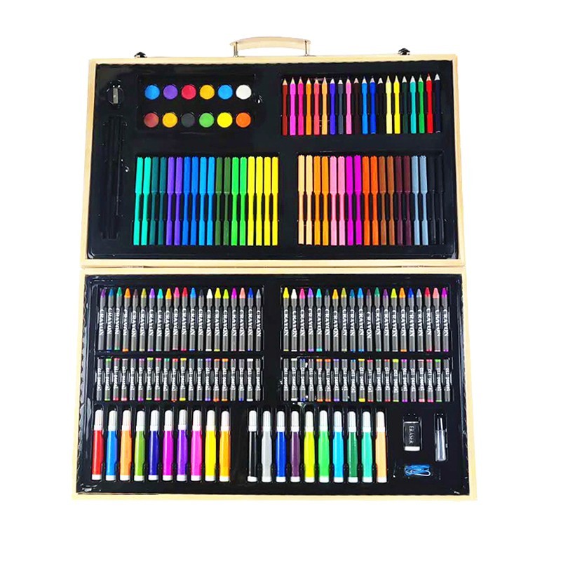 Trusa pentru pictura si desen, 180 accesorii, portabila, cutie depozitare lemn