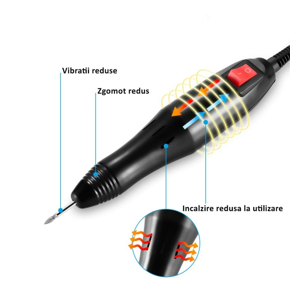 Pila electrica unghii 20.000 rpm, 20w, manichiura profesionala, 6 capete slefuire, directie dubla