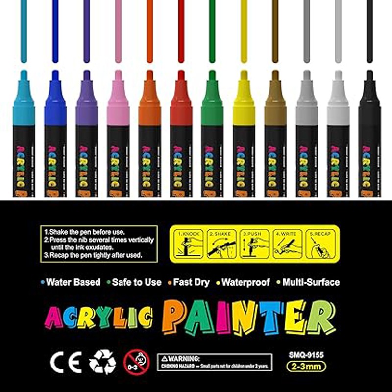 Set 12 markere acrilice permanente ptr orice suprafata, 2-3 mm,12 culori