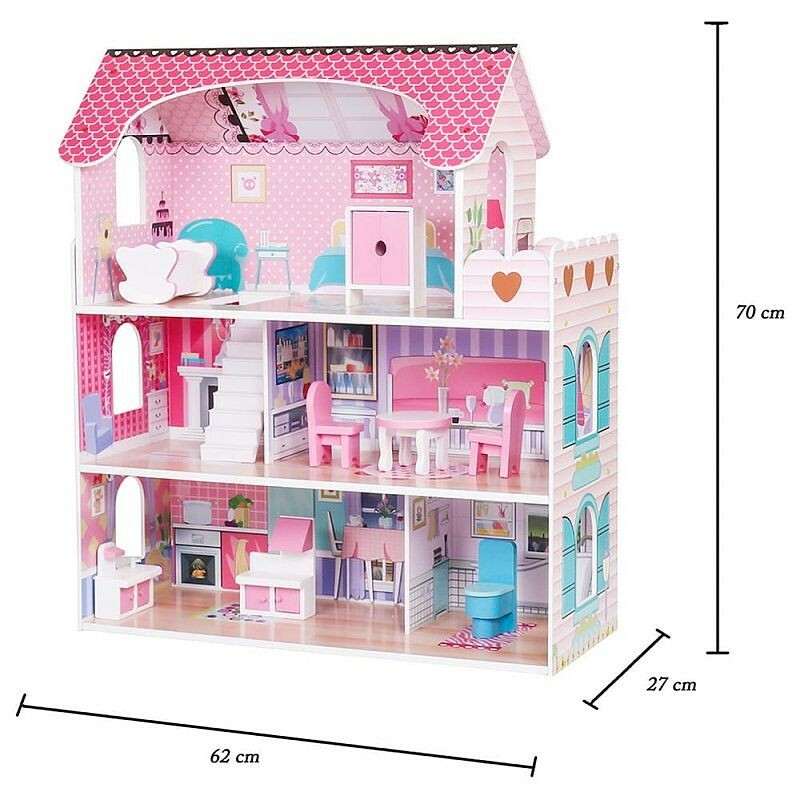 Casuta de papusi complet mobilata, mdf, 3 nivele, 5 camere, 8 accesorii, 62x27x70 cm