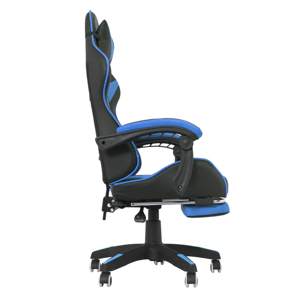 Scaun ergonomic de gaming, tetiera, suport retractabil picioare, sport lombar, inaltime reglabila, negru, albastru