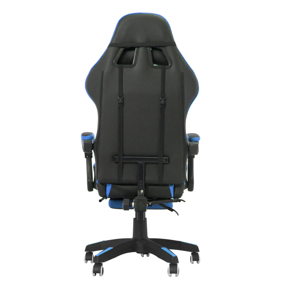 Scaun ergonomic de gaming, tetiera, suport retractabil picioare, sport lombar, inaltime reglabila, negru, albastru