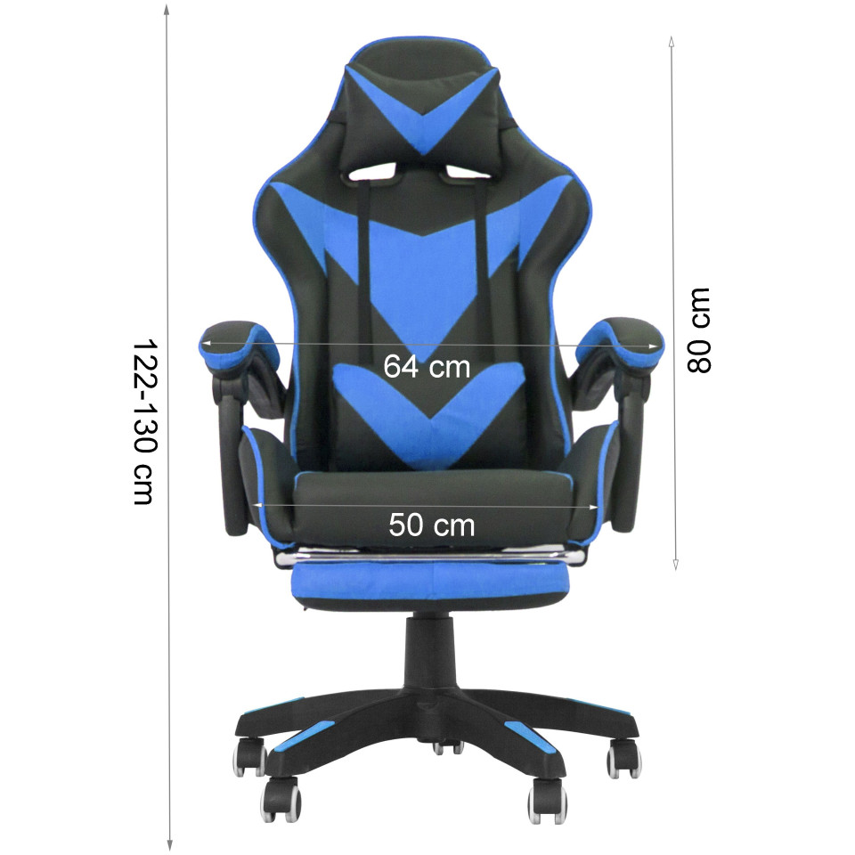 Scaun ergonomic de gaming, tetiera, suport retractabil picioare, sport lombar, inaltime reglabila, negru, albastru