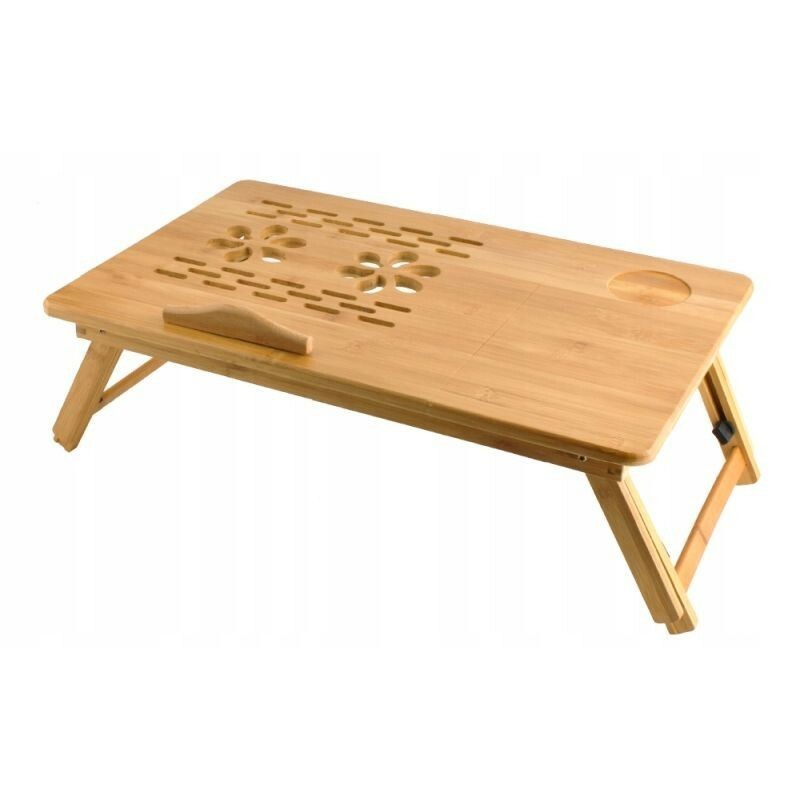 Masuta laptop 14 inch, pliabila, suport pahar, sertar, lemn de bambus, 50x30 cm