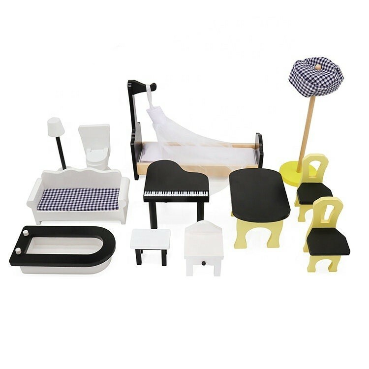Casuta din lemn pentru papusi, dimensiuni mari 121x80x41 cm, 3 nivele, 12 piese mobilier incluse