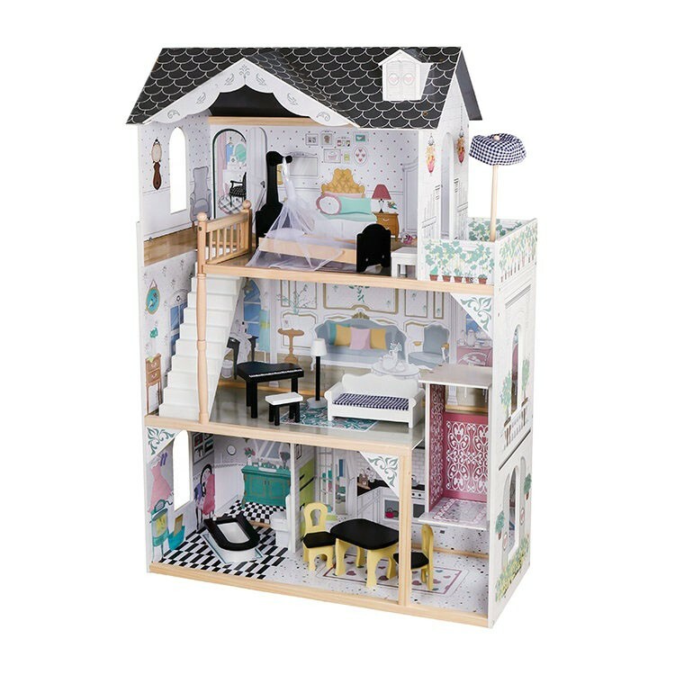 Casuta din lemn pentru papusi, dimensiuni mari 121x80x41 cm, 3 nivele, 12 piese mobilier incluse