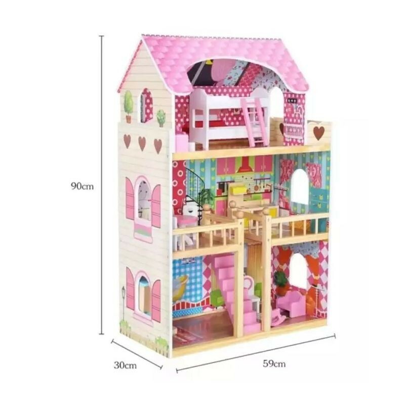 Casuta din lemn pentru papusi cu 12 accesorii mobilier, 3 nivele, 59x30x90 cm