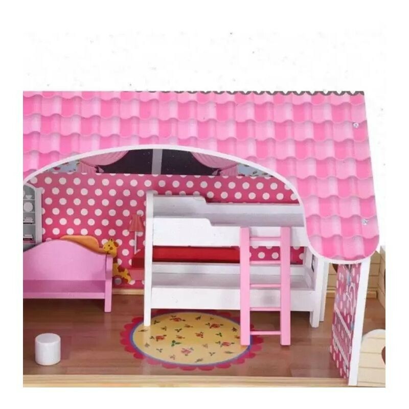 Casuta din lemn pentru papusi cu 12 accesorii mobilier, 3 nivele, 59x30x90 cm