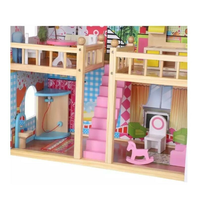 Casuta din lemn pentru papusi cu 12 accesorii mobilier, 3 nivele, 59x30x90 cm
