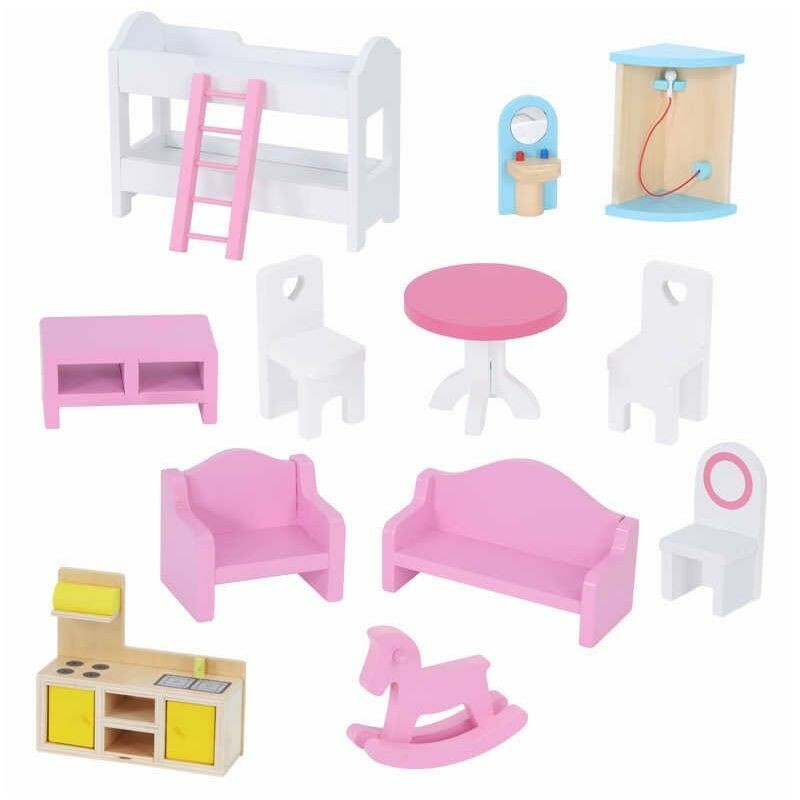 Casuta din lemn pentru papusi cu 12 accesorii mobilier, 3 nivele, 59x30x90 cm
