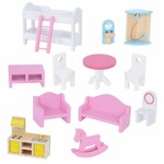 Casuta din lemn pentru papusi cu 12 accesorii mobilier, 3 nivele, 59x30x90 cm