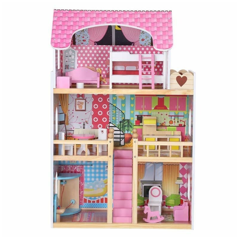 Casuta din lemn pentru papusi cu 12 accesorii mobilier, 3 nivele, 59x30x90 cm