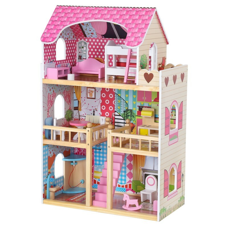 Casuta din lemn pentru papusi cu 12 accesorii mobilier, 3 nivele, 59x30x90 cm