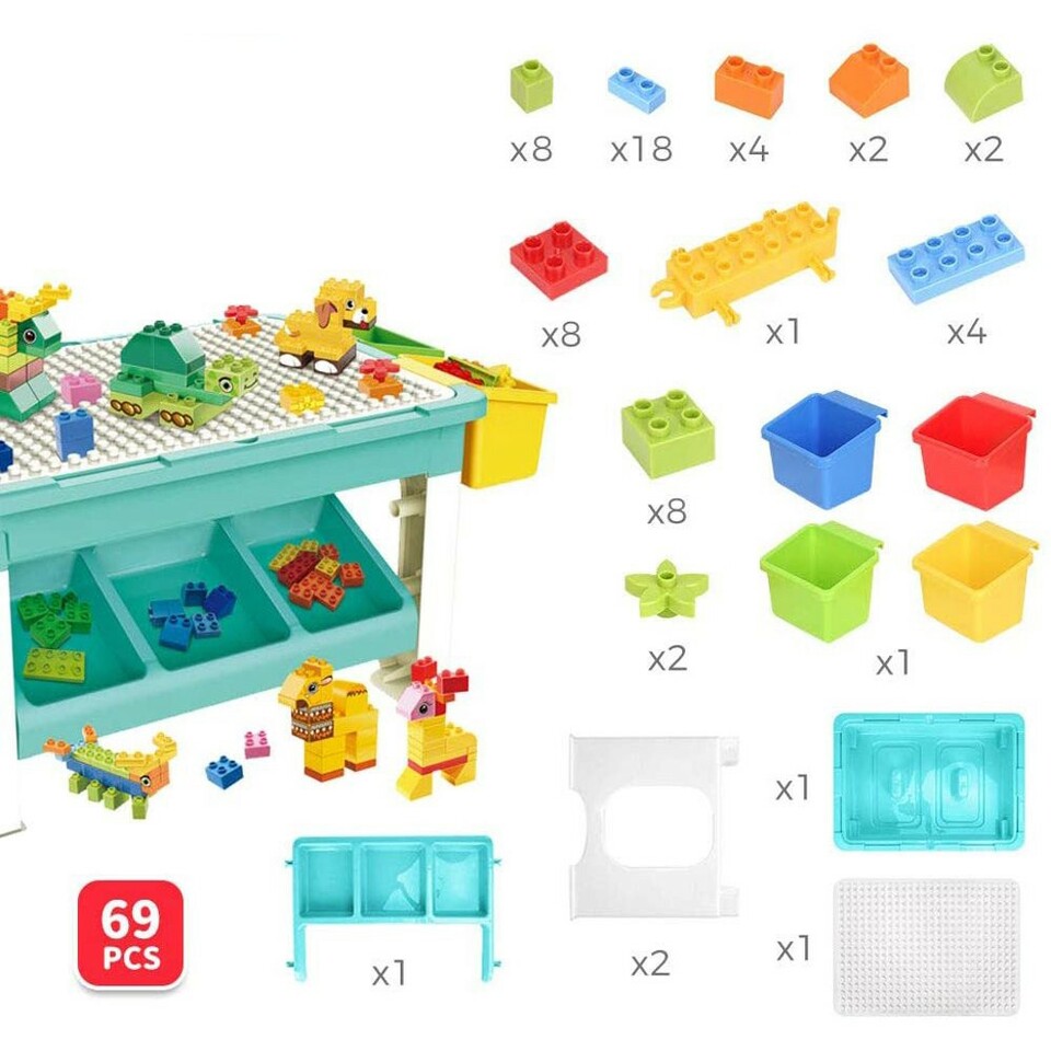 Masa cu blocuri de constructie, 69 piese, 4 cutii depozitare, joc educational