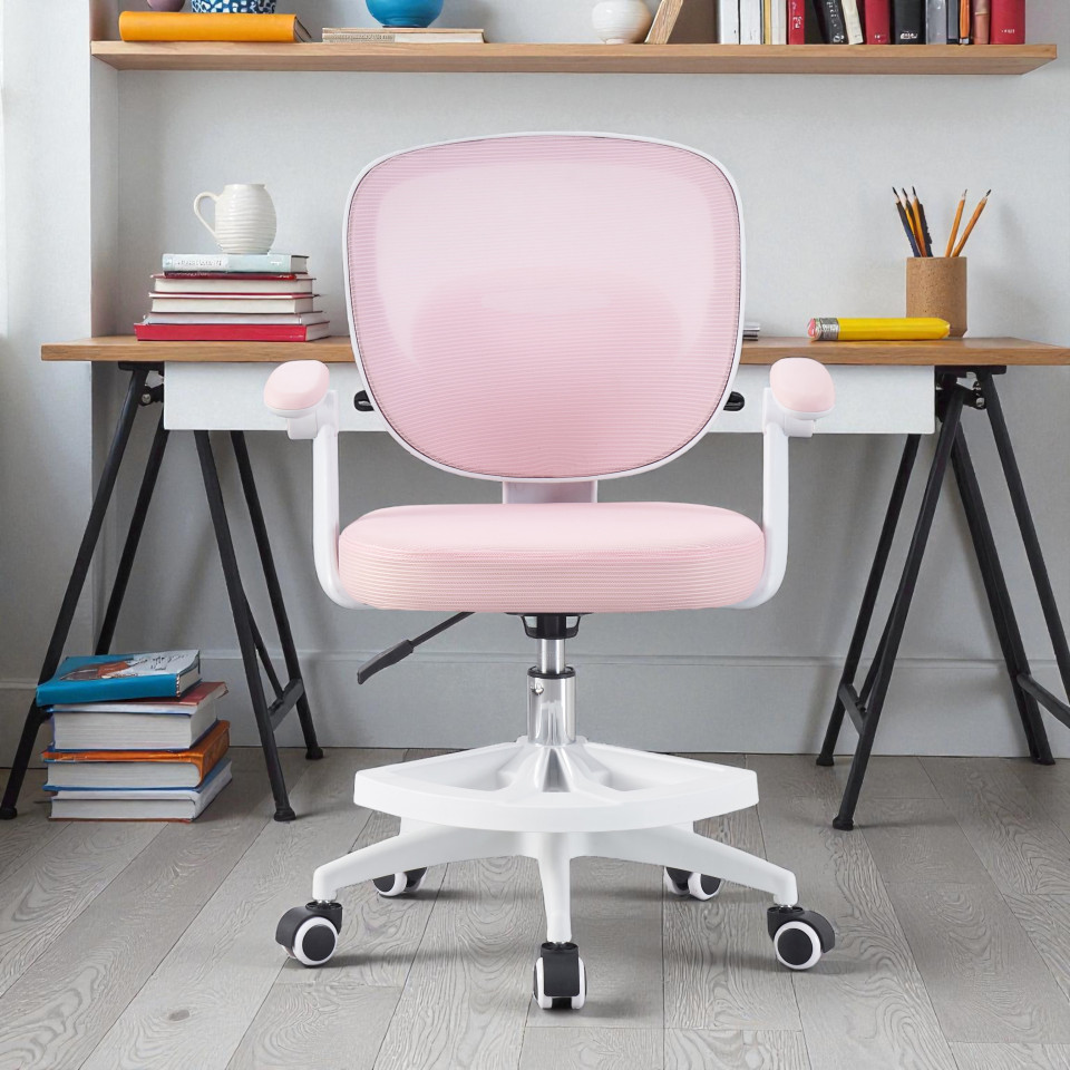 Scaun ergonomic de birou pentru copii, inaltime reglabila 78-90 cm, suport picioare, mesh roz
