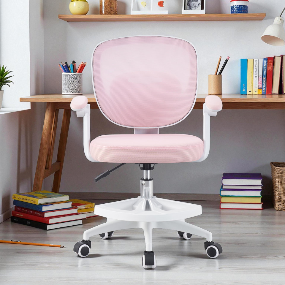 Scaun ergonomic de birou pentru copii, inaltime reglabila 78-90 cm, suport picioare, mesh roz