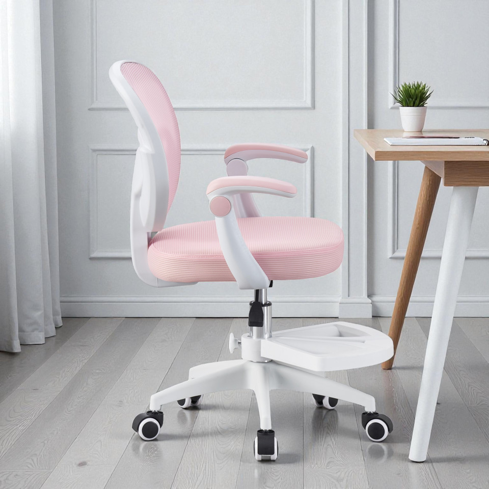 Scaun ergonomic de birou pentru copii, inaltime reglabila 78-90 cm, suport picioare, mesh roz