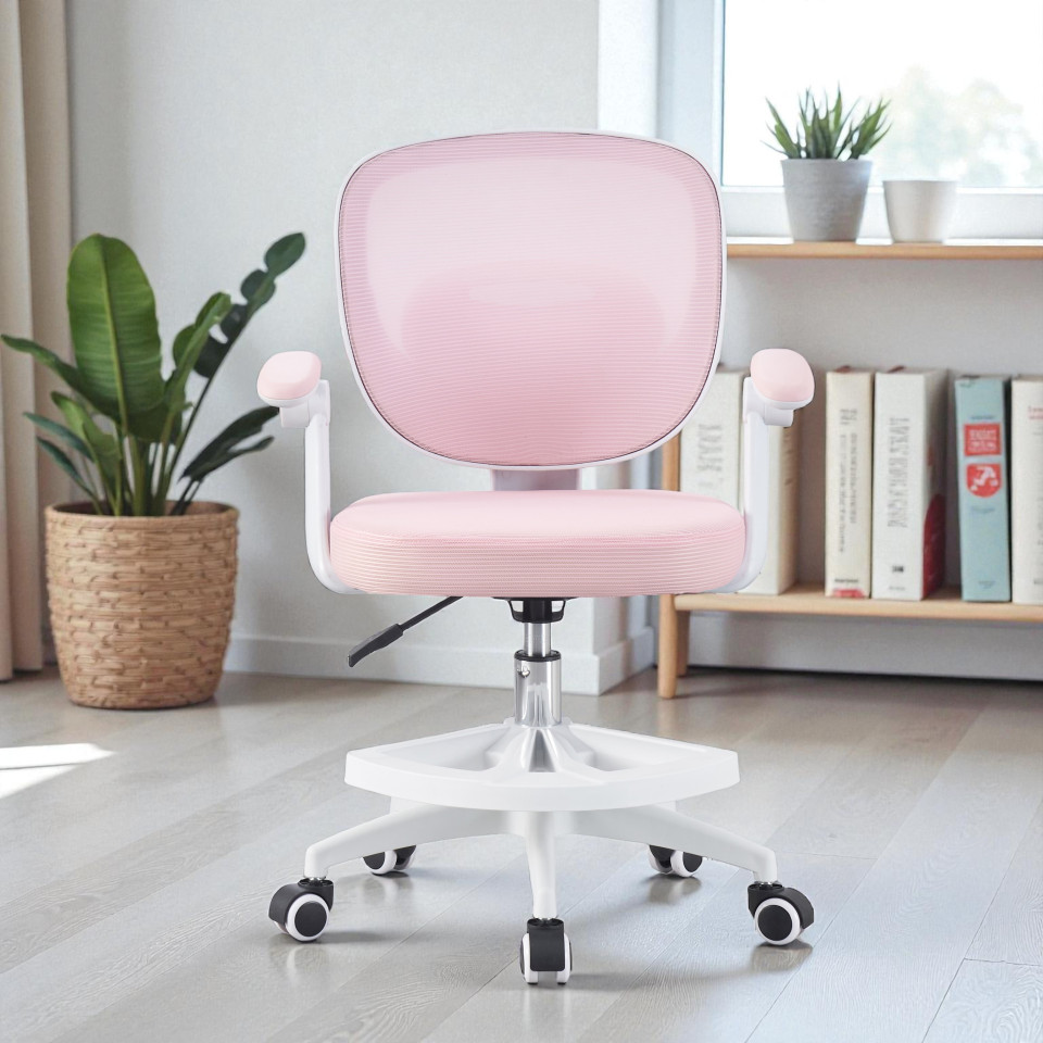 Scaun ergonomic de birou pentru copii, inaltime reglabila 78-90 cm, suport picioare, mesh roz
