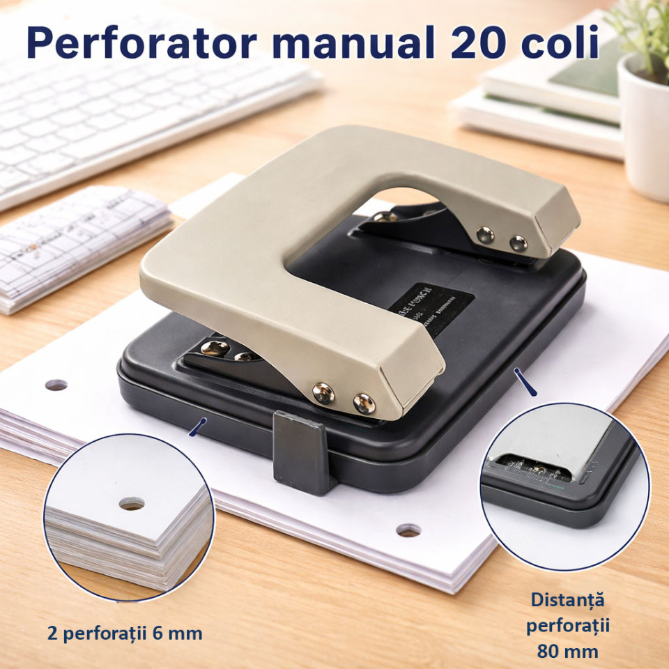 Perforator manual 20 coli hartie, diametru perforare 6 mm, distanta 80 mm