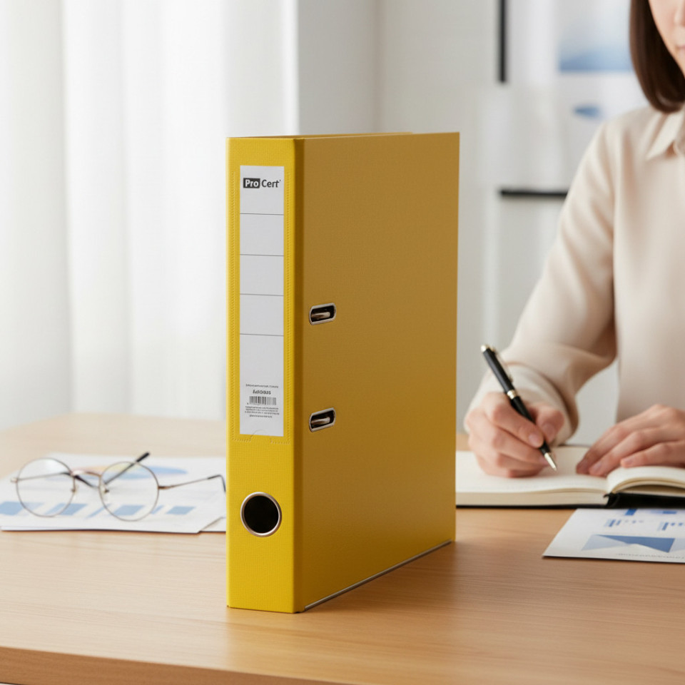 Biblioraft galben a4 pentru organizare documente – cotor 5 cm, bordura metalica, 350 coli