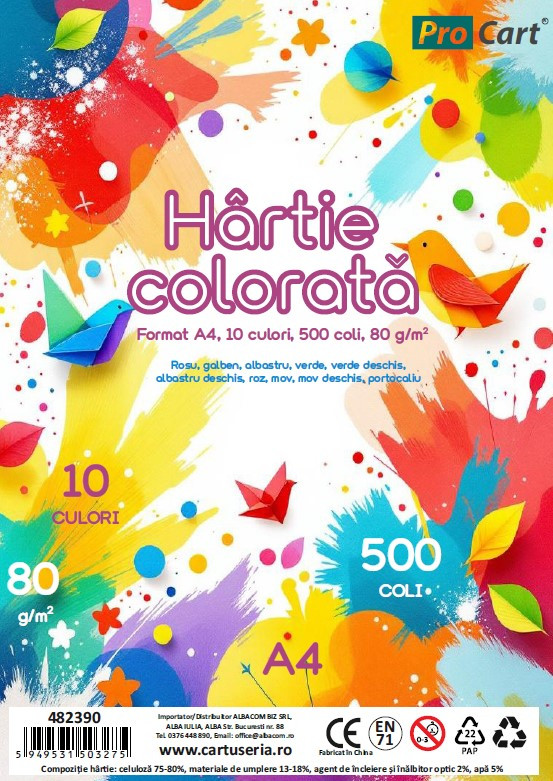 Hartie colorata a4 80 g/mp – top 500 coli, 10 culori intense