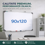 Tabla magnetica premium alba 90x120 cm, rama de aluminiu, fixare perete, suport markere