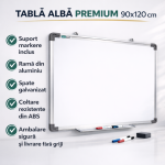 Tabla magnetica premium alba 90x120 cm, rama de aluminiu, fixare perete, suport markere