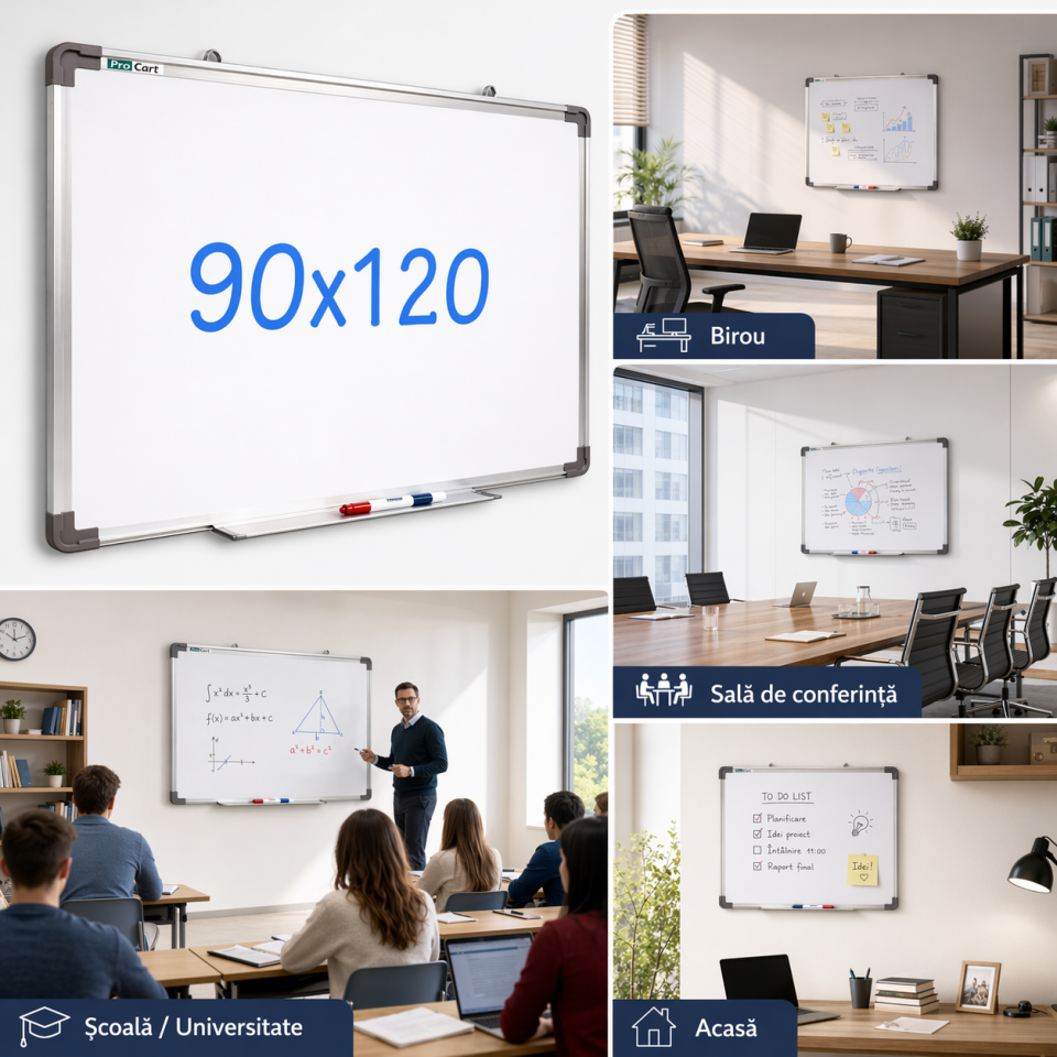 Tabla magnetica premium alba 90x120 cm, rama de aluminiu, fixare perete, suport markere