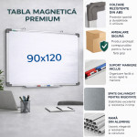 Tabla magnetica premium alba 90x120 cm, rama de aluminiu, fixare perete, suport markere