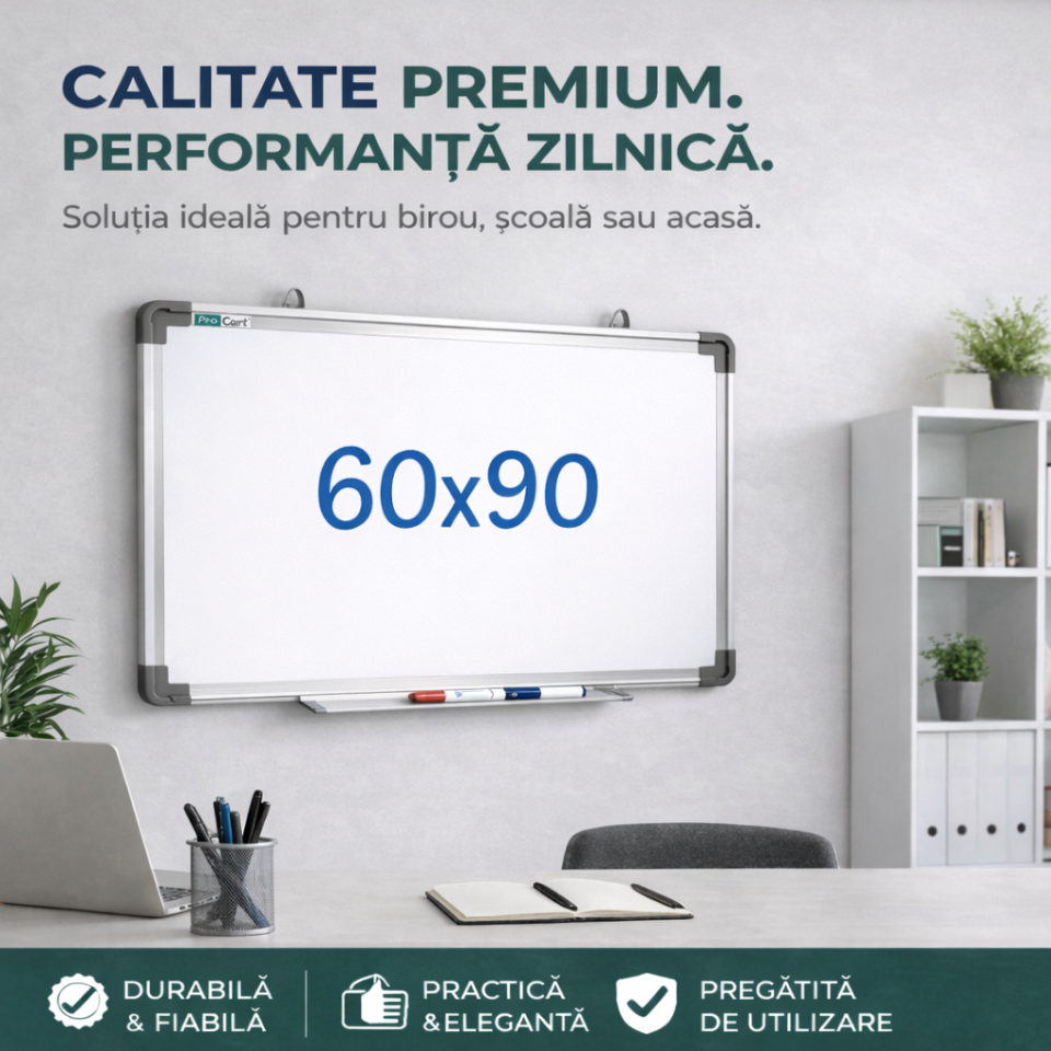 Tabla magnetica 60x90 cm, rama aluminiu, suprafata alba lacuita, tavita culisanta