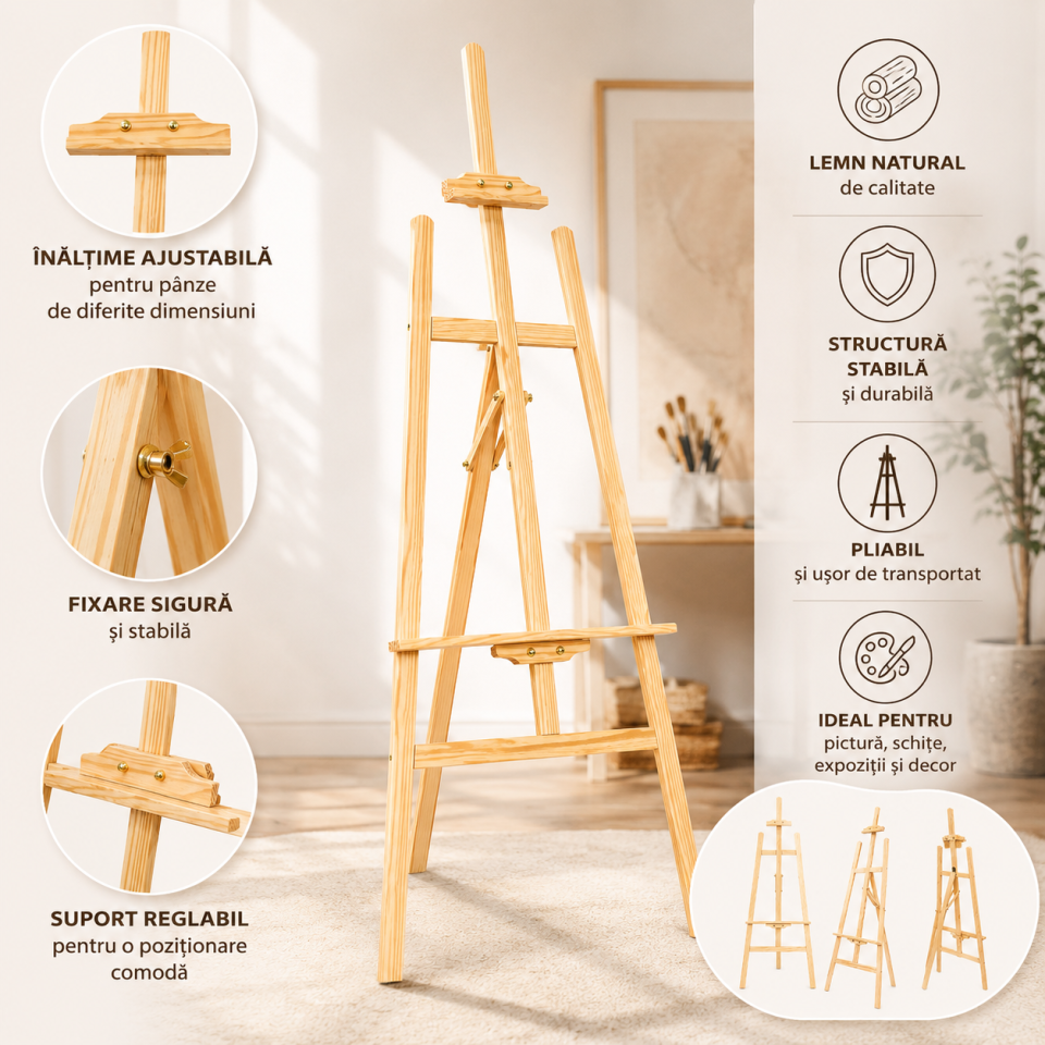 Sevalet din lemn pentru pictura 175x50, pliabil, inaltime ajustabilia maxim 175 cm