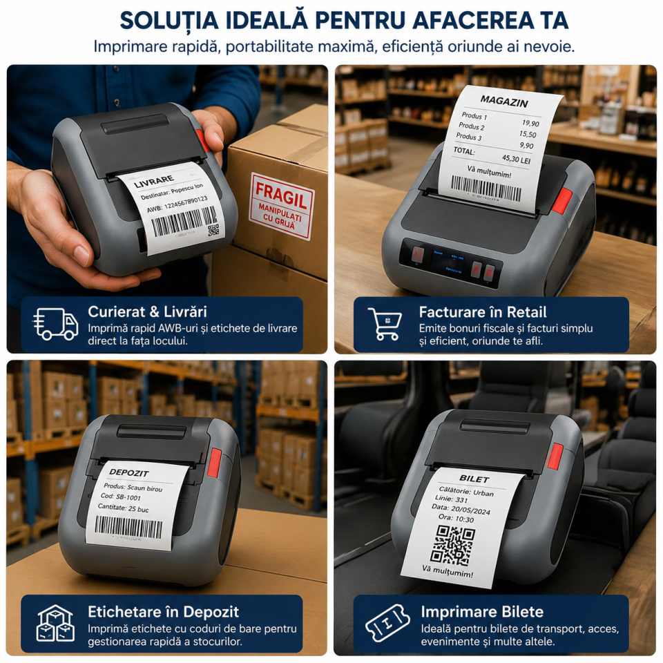 Mini imprimanta termica portabila, 75 mm, wireless, bluetooth, usb, 203 dpi, pentru business si curierat