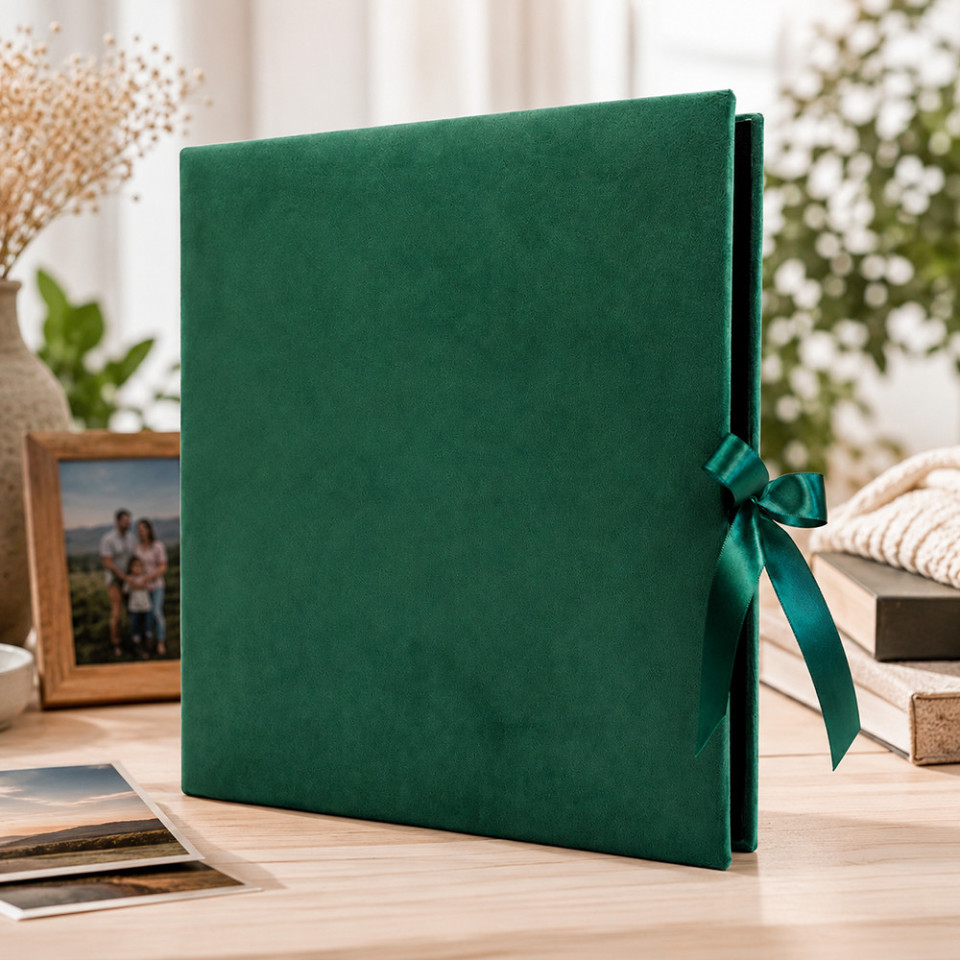 Album foto elegant velvet 500 fotografii 10x15, catifea verde, pagini negre premium