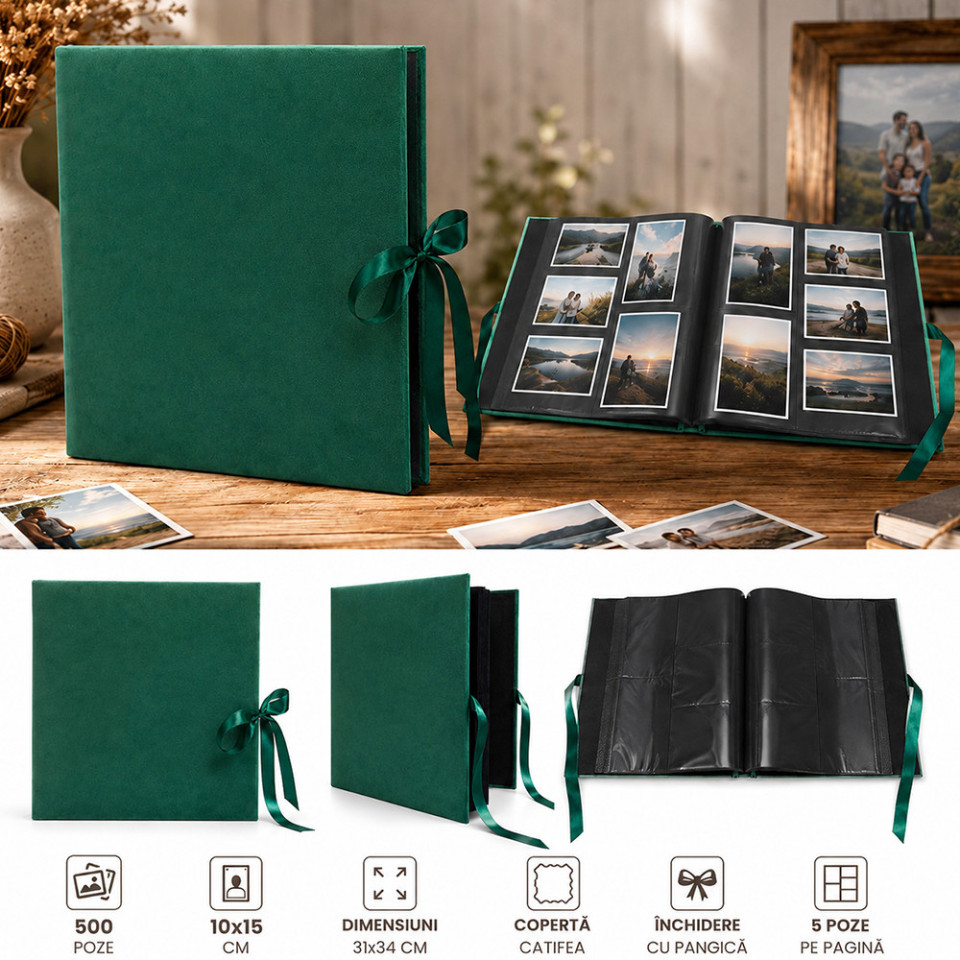 Album foto elegant velvet 500 fotografii 10x15, catifea verde, pagini negre premium