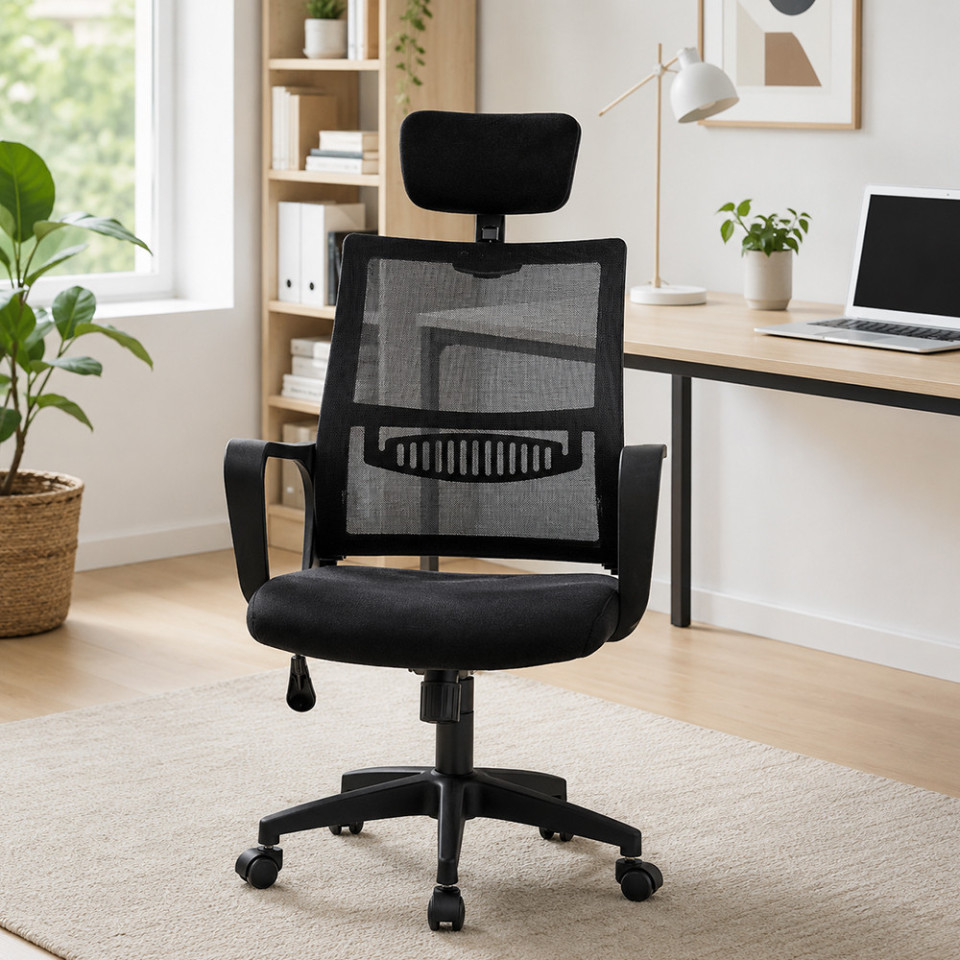 Scaun ergonomic de birou, reglabil in inaltime 108-118 cm, tetiera integrata, mesh si burete